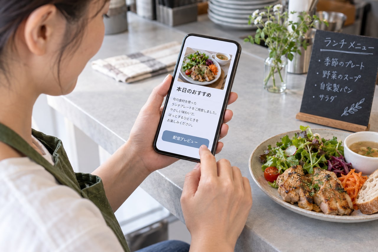 飲食店でランチのお知らせをスマートフォンに作成する利用イメージ